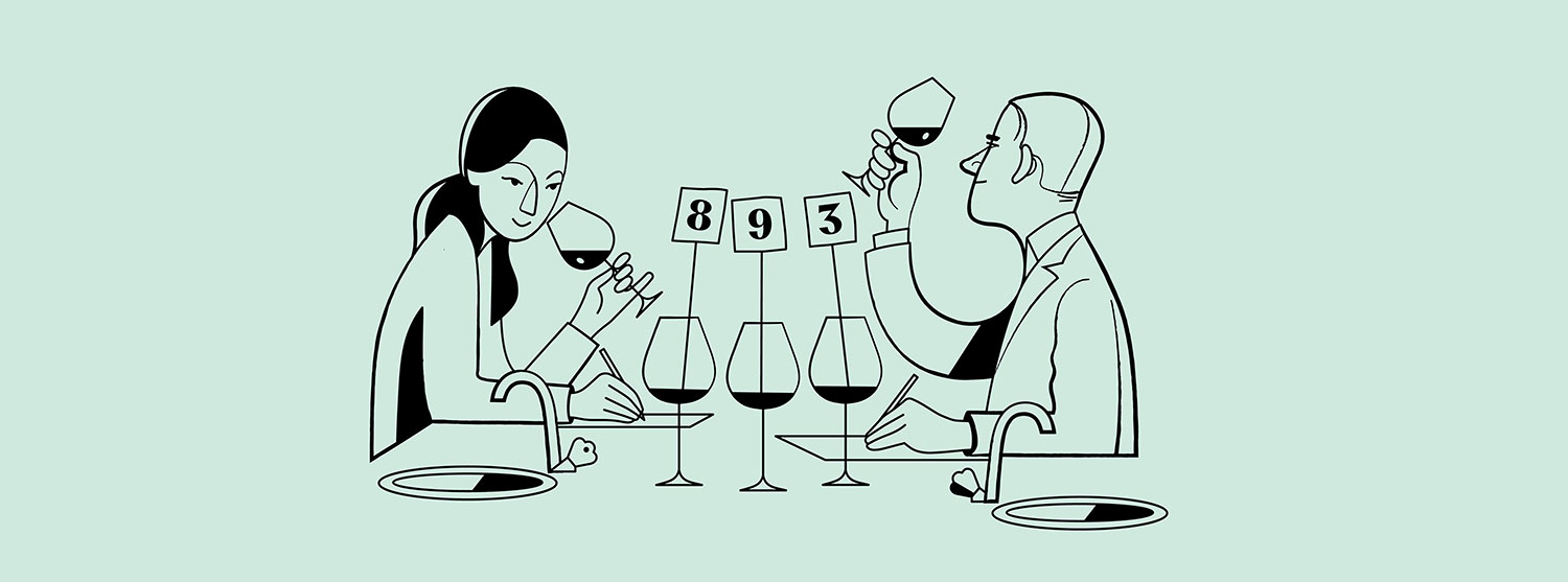 Illustrasjon, to personer smaker på nummererte vinglass.
