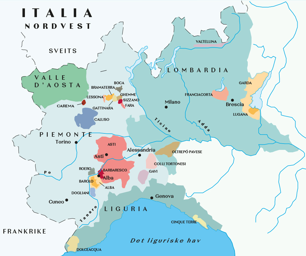 kart over vinområdene i Piemonte, Lombardia og Liguria