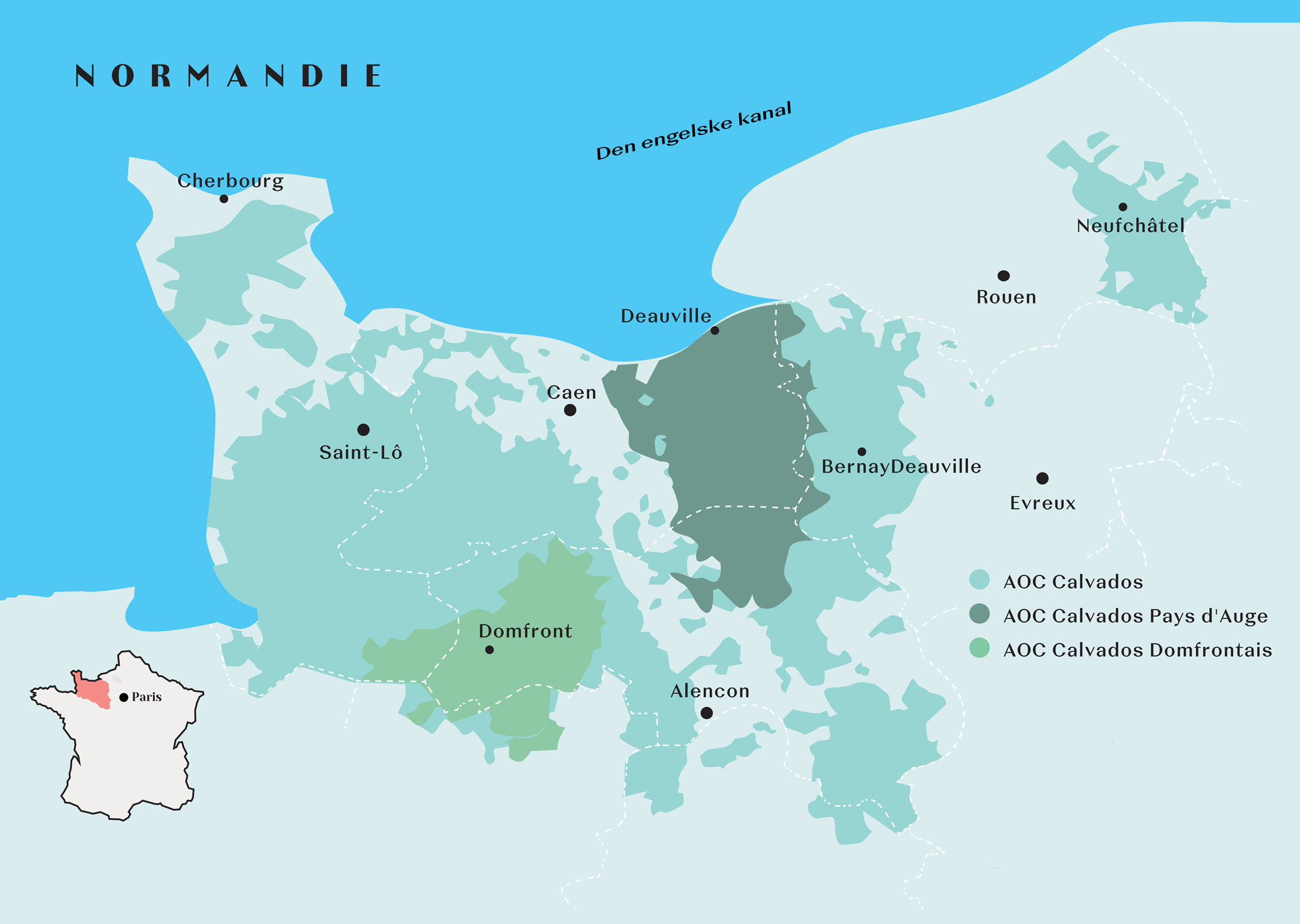 Kart over Normandie med Calvados-områdene.