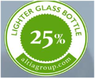 Part of bottle label saying &quot;Lighter glass bottle, 25 %, altiagroup.com&quot;.