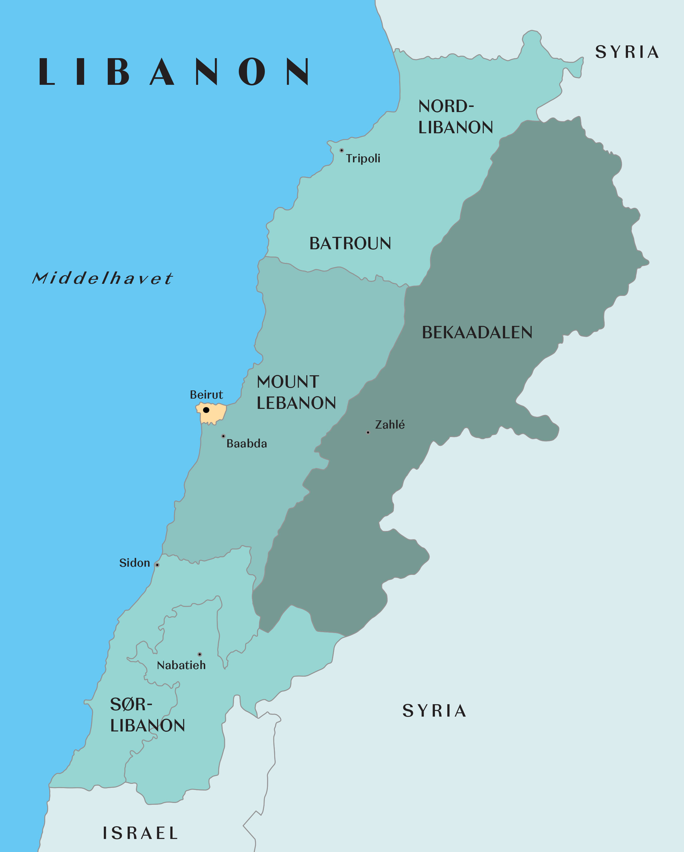 kart over vinområdene i Libanon.