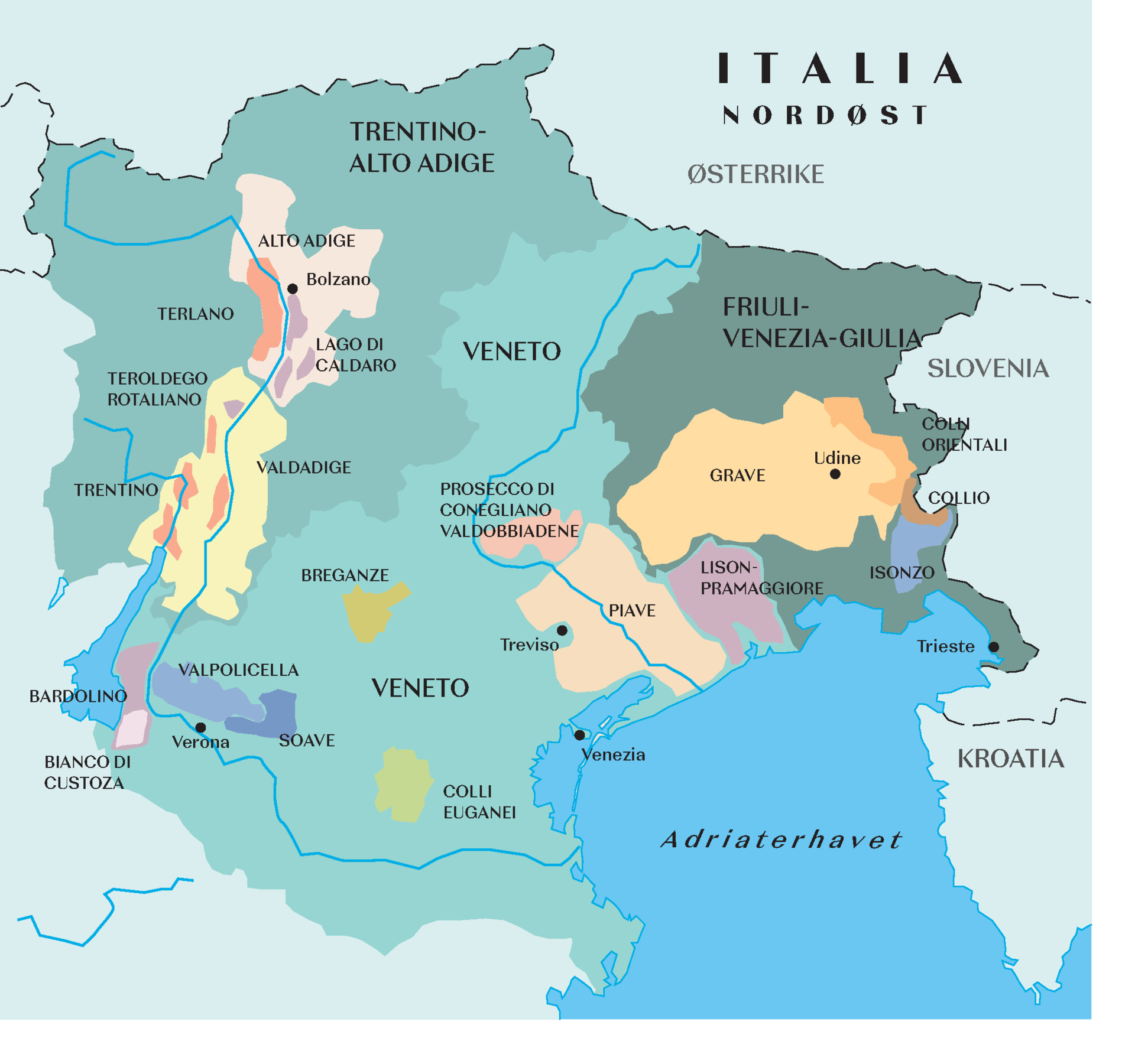 Kart over vinregionene nordøst i italia.