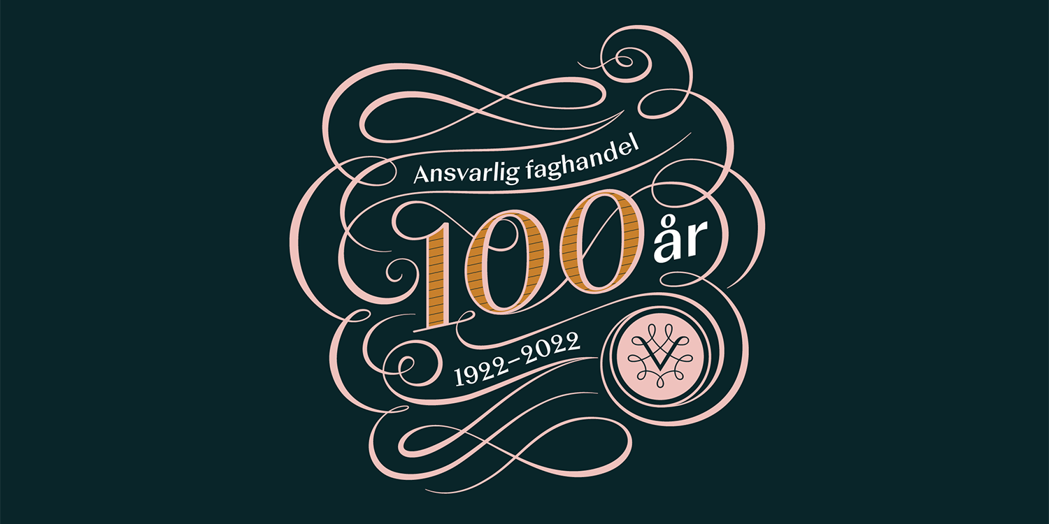 Vinmonopolets 100 års-logo med skriften Ansvarlig faghandel 100 år, 1922-2022.