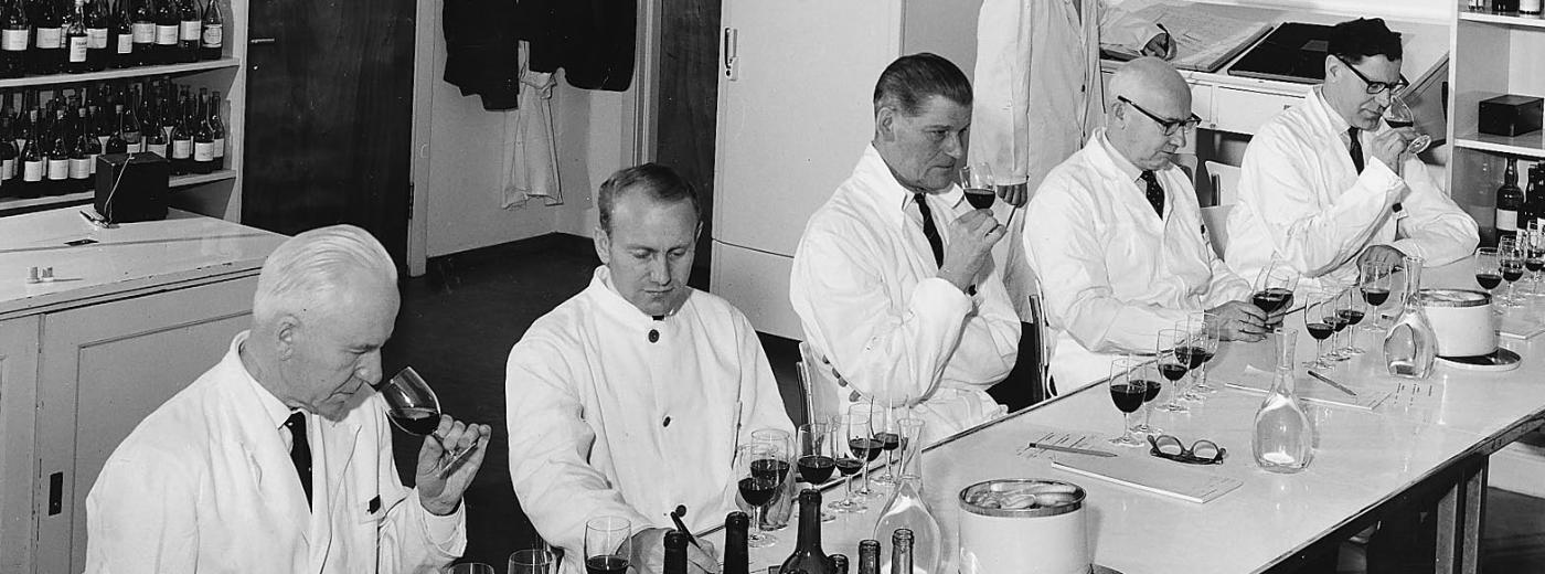 Fem menn i hvite frakker sitter på rad ved et bord og lukter på vinglass. Sort-hvitt bilde.