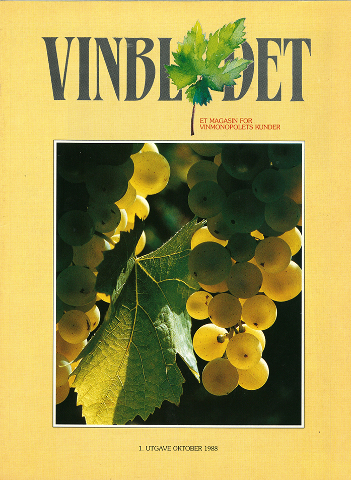 Gul bakgrunn med tittel Vinbladet og bilde av en drueklase og datoen okt 1988.