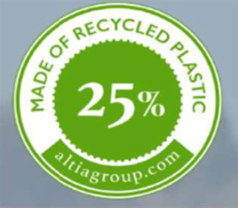 Part of bottle label saying &quot;Made of recycled plastic, 25 %, altiagroup.com.&quot;