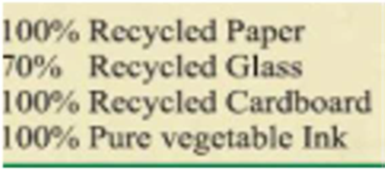 Part of bottle label with text: 100 % recycled paper, 70 % recycled glass, 100 % recycled cardboard, 100 % pure vegetable ink.&quot;