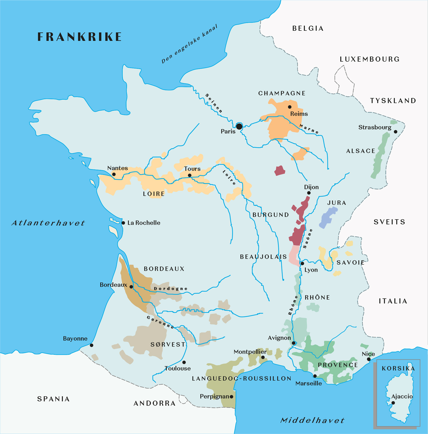 Kart over vinområdene i Frankrike.