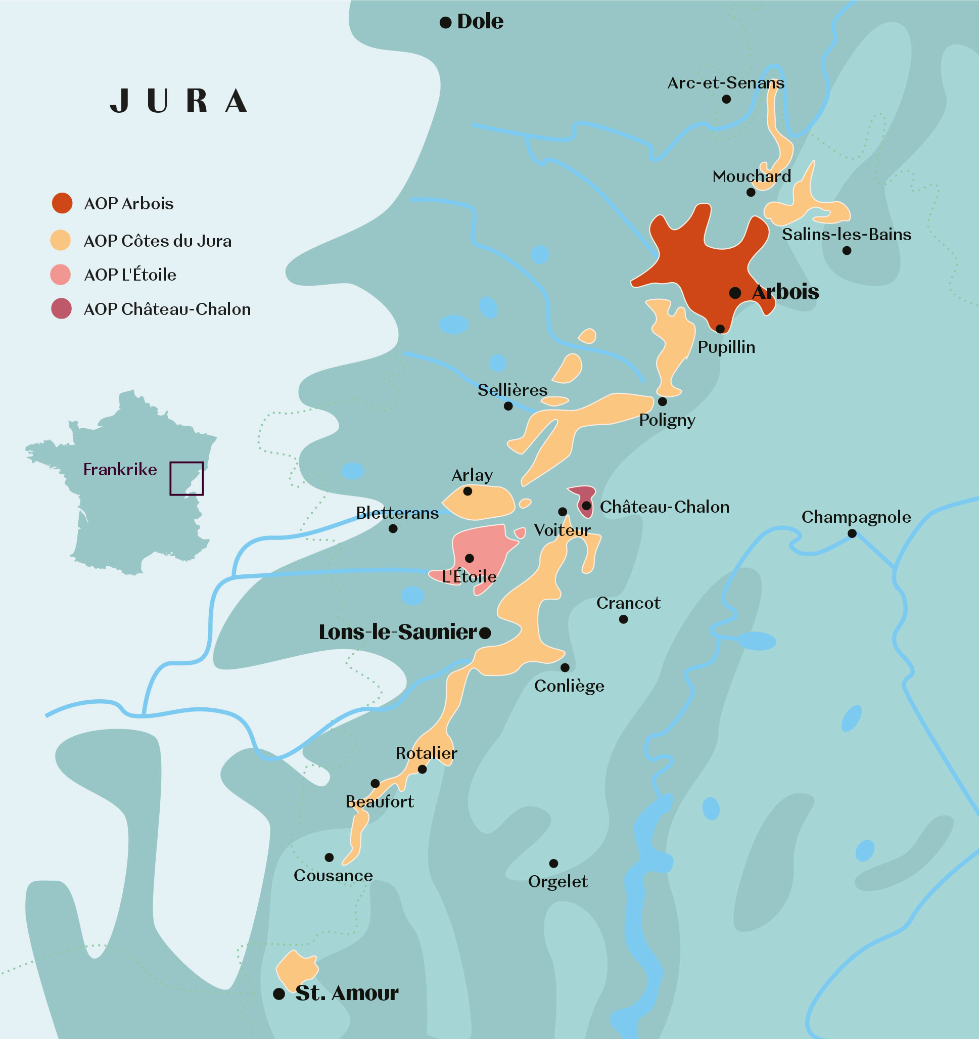 Kart over vinområdene i Jura i Frankrike.