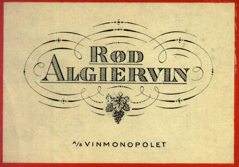 Etikett med sort skrift på beige bakgrunn og rød kant. &quot;Rød Algiervin, A/S Vinmonopolet.&quot;